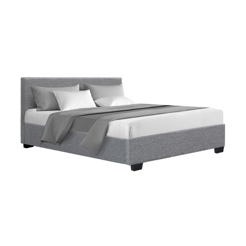 Artiss Nino Gas Lift Bed Frame – Double Grey, Faux Linen, Storage, Steel Frame