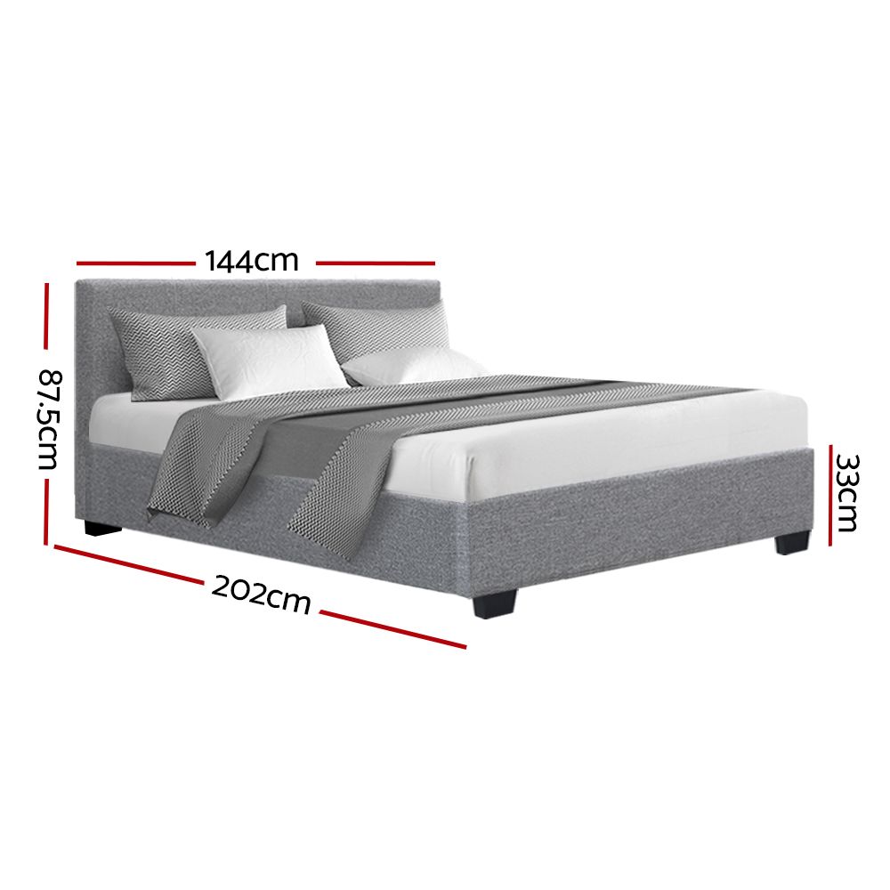 Artiss Nino Gas Lift Bed Frame – Double Grey, Faux Linen, Storage, Steel Frame