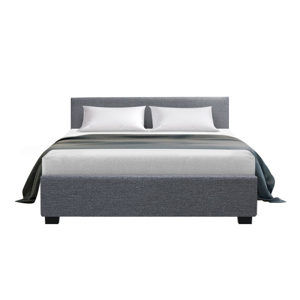 Artiss Nino Gas Lift Bed Frame – Double Grey, Faux Linen, Storage, Steel Frame