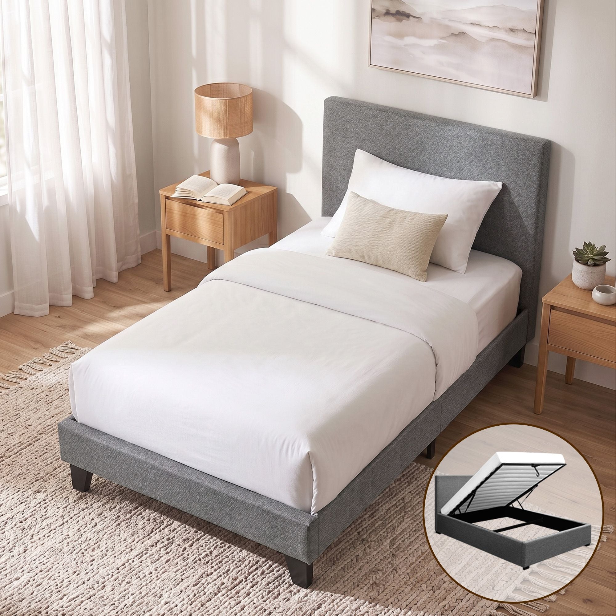 Artiss Nino Gas Lift Bed Frame – King Single Grey, Faux Linen, Storage, Steel Frame