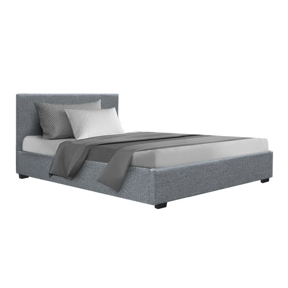 Artiss Nino Gas Lift Bed Frame – King Single Grey, Faux Linen, Storage, Steel Frame