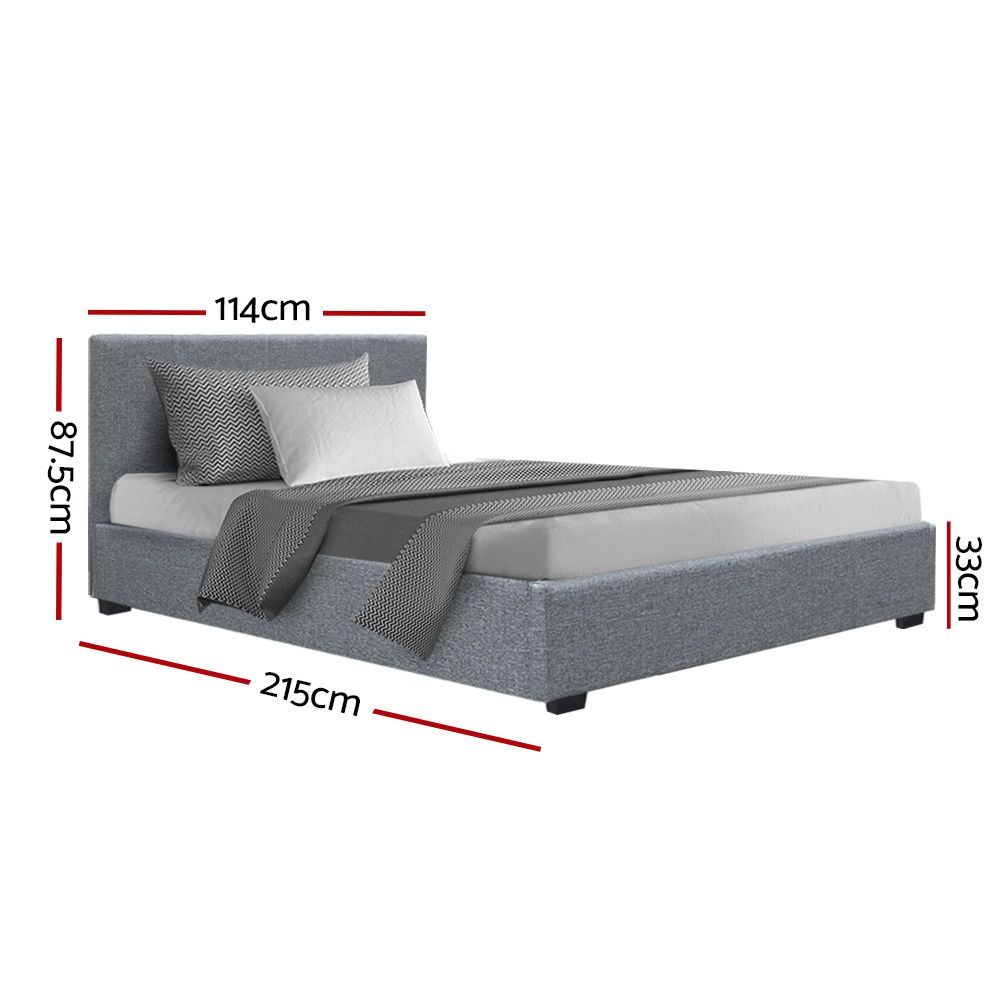 Artiss Nino Gas Lift Bed Frame – King Single Grey, Faux Linen, Storage, Steel Frame