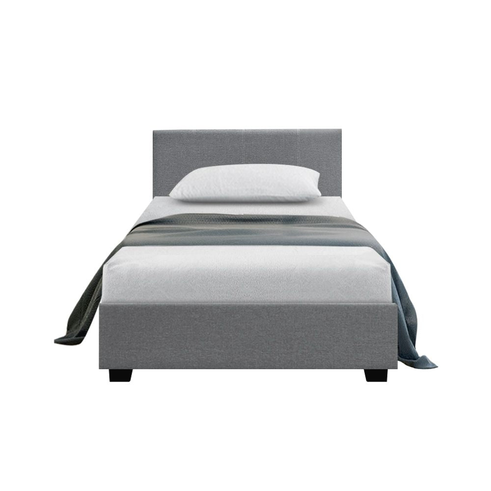 Artiss Nino Gas Lift Bed Frame – King Single Grey, Faux Linen, Storage, Steel Frame