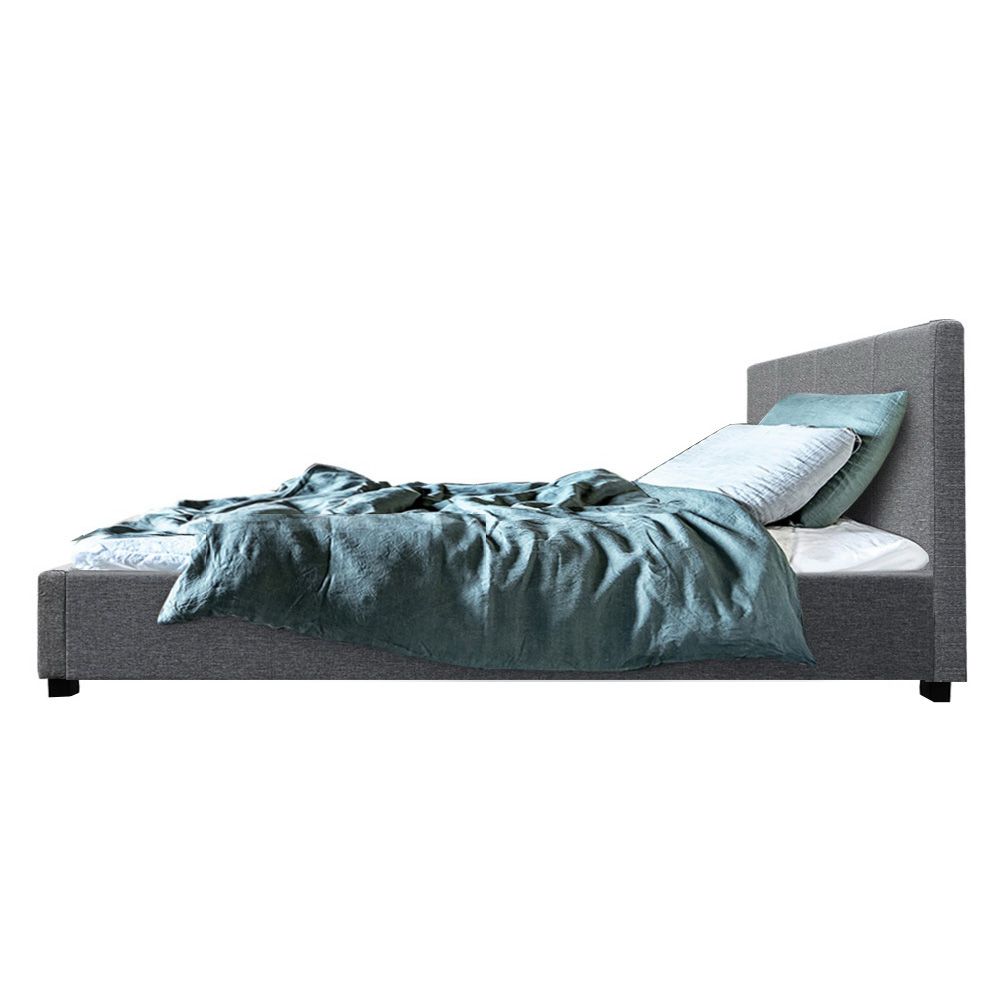 Artiss Nino Gas Lift Bed Frame – King Single Grey, Faux Linen, Storage, Steel Frame