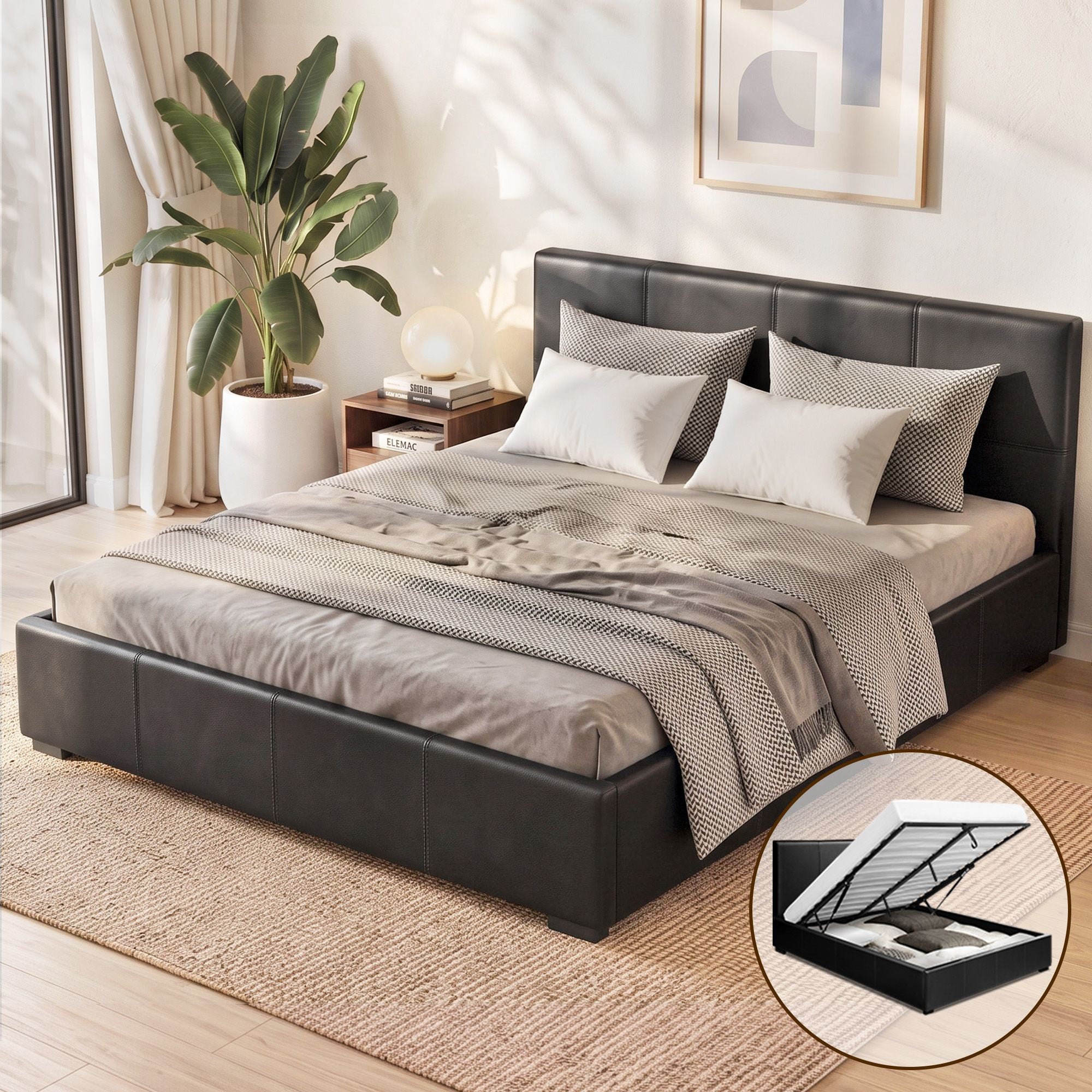 Artiss Queen Bed Frame PU Leather Storage Gas Lift Black Upholstered