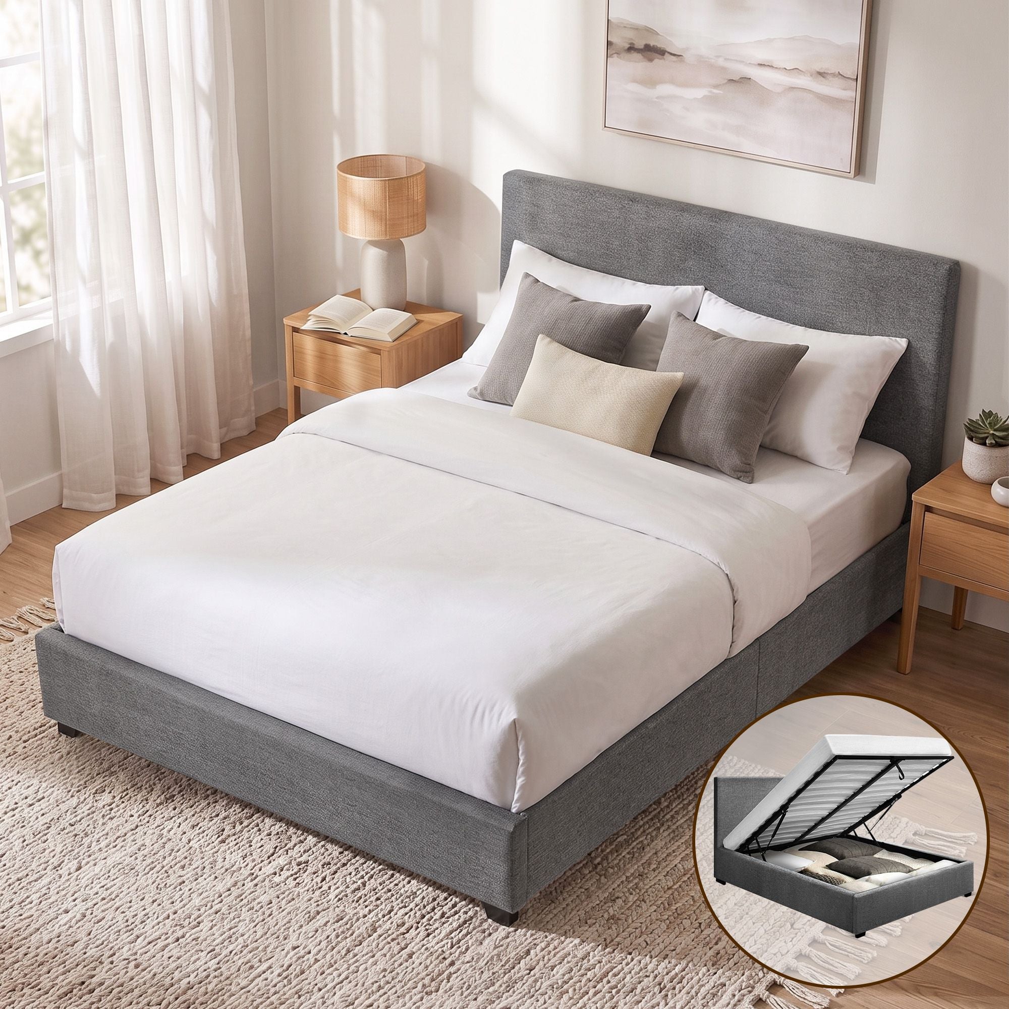 Artiss Queen Gas Lift Bed Frame – Storage Faux Linen Upholstered Grey Nino
