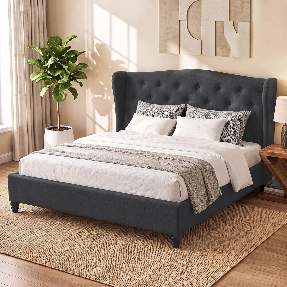 King Size Pier Bed Frame Upholstered Tufted Wing Headboard Charcoal