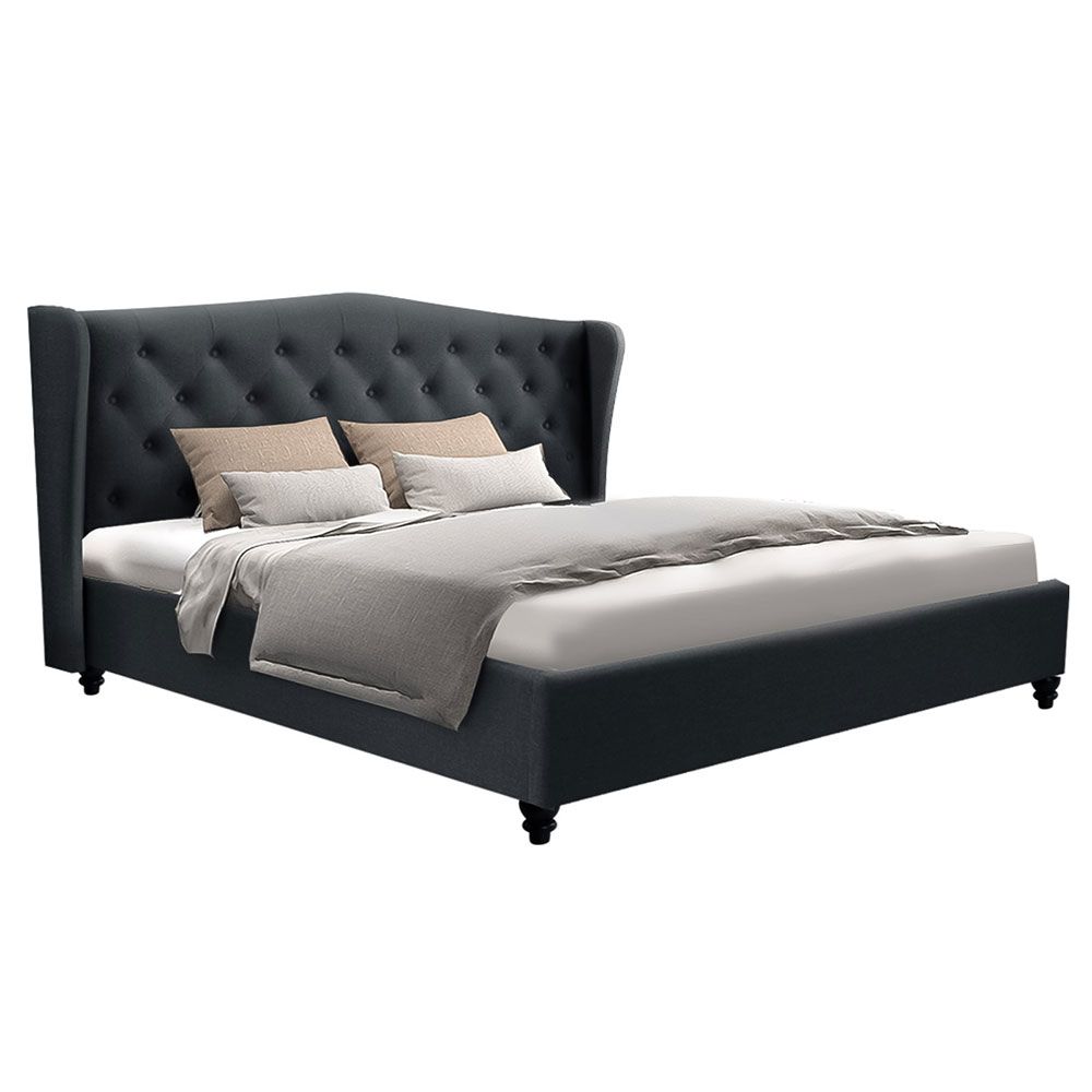 King Size Pier Bed Frame Upholstered Tufted Wing Headboard Charcoal