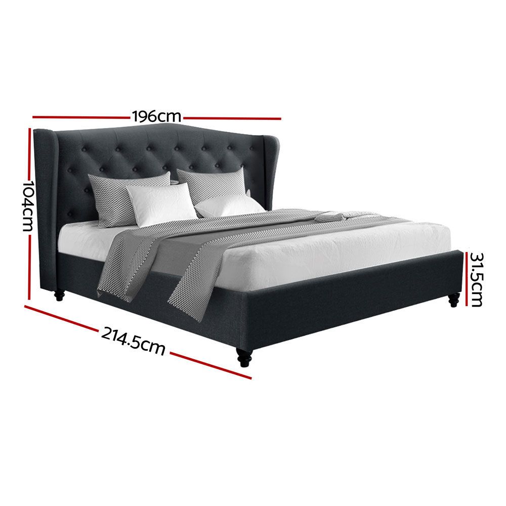 King Size Pier Bed Frame Upholstered Tufted Wing Headboard Charcoal