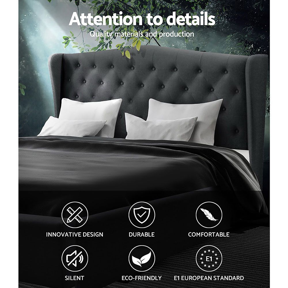 King Size Pier Bed Frame Upholstered Tufted Wing Headboard Charcoal