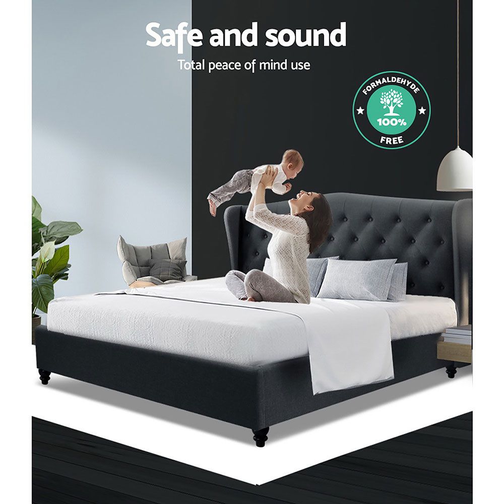 King Size Pier Bed Frame Upholstered Tufted Wing Headboard Charcoal