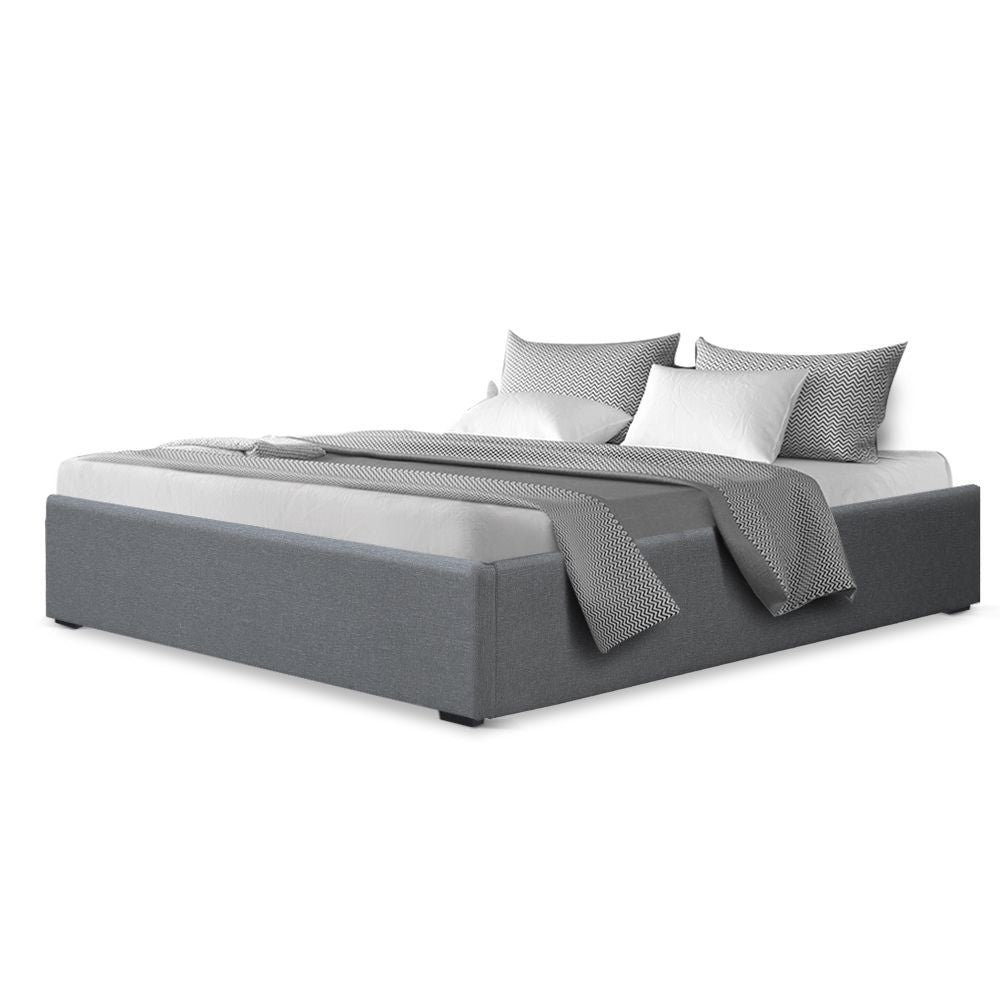 Double Gas Lift Bed Frame Storage Linen Upholstered Grey