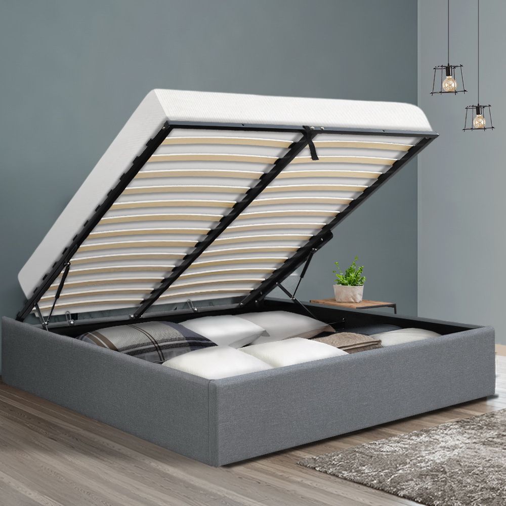 Double Gas Lift Bed Frame Storage Linen Upholstered Grey