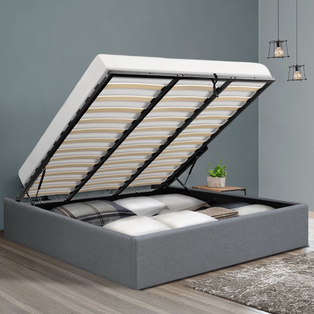 Artiss King Gas Lift Bed Frame Storage Base Linen Upholstered Grey 215x190cm