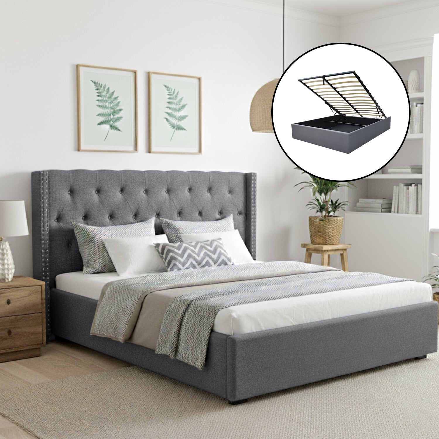 King Bed Frame Storage Tufted Headboard Gas Lift Base Grey