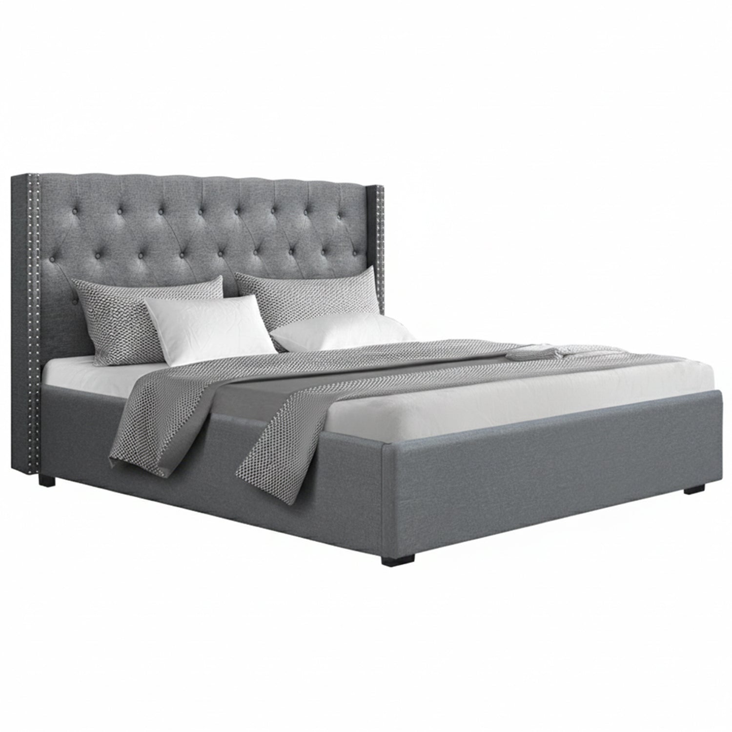 King Bed Frame Storage Tufted Headboard Gas Lift Base Grey