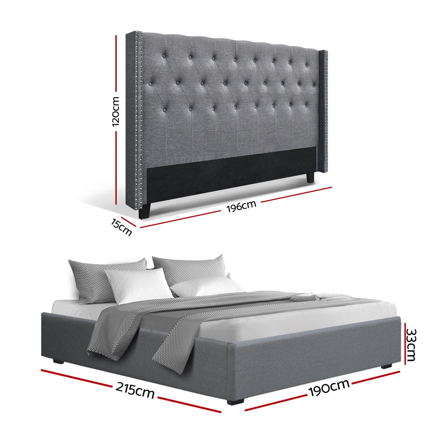 King Bed Frame Storage Tufted Headboard Gas Lift Base Grey