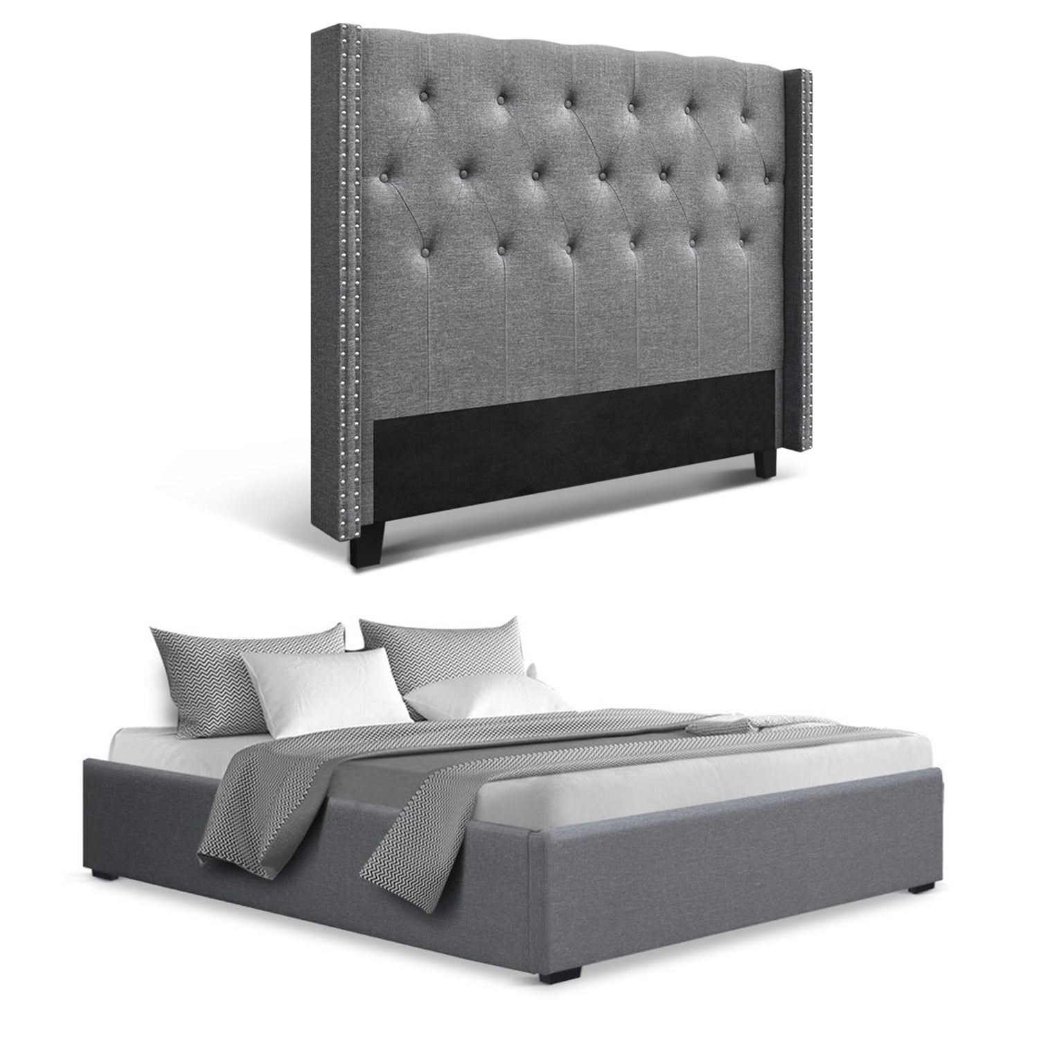 Queen Bed Frame Storage Tufted Headboard Gas Lift Base Grey