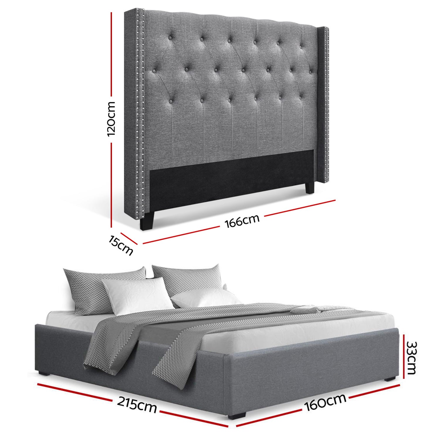 Queen Bed Frame Storage Tufted Headboard Gas Lift Base Grey