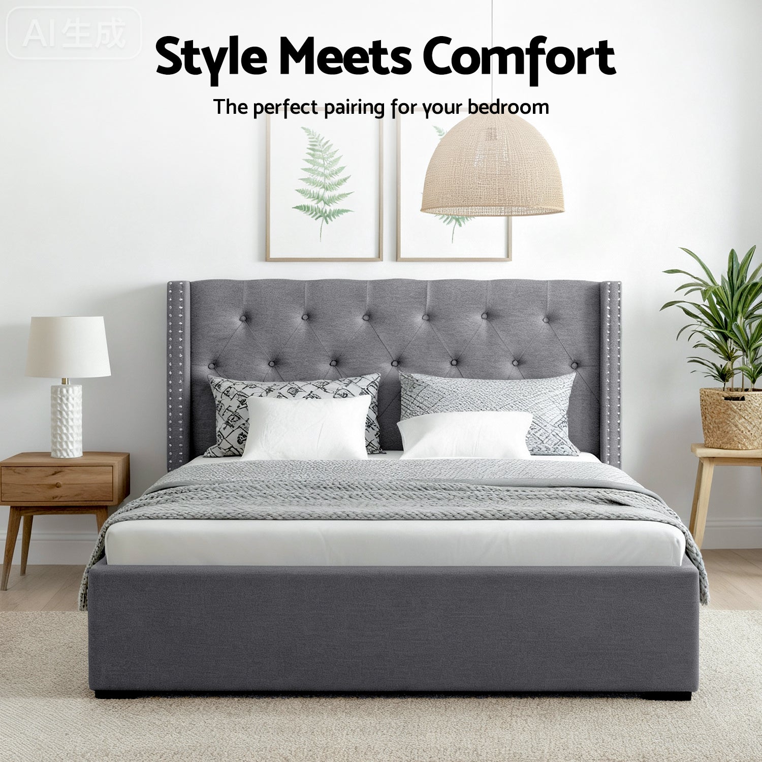 Queen Bed Frame Storage Tufted Headboard Gas Lift Base Grey