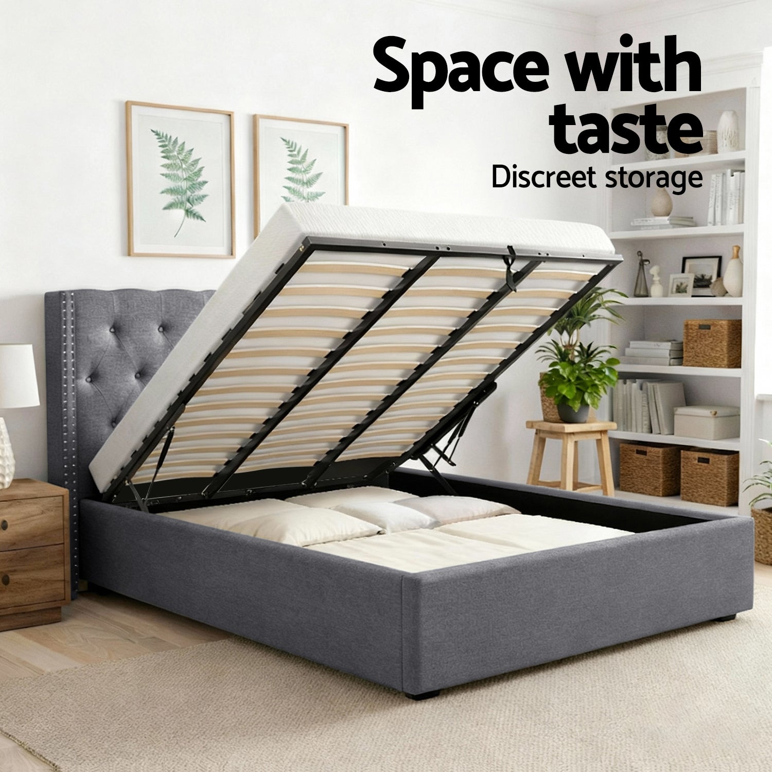 Queen Bed Frame Storage Tufted Headboard Gas Lift Base Grey