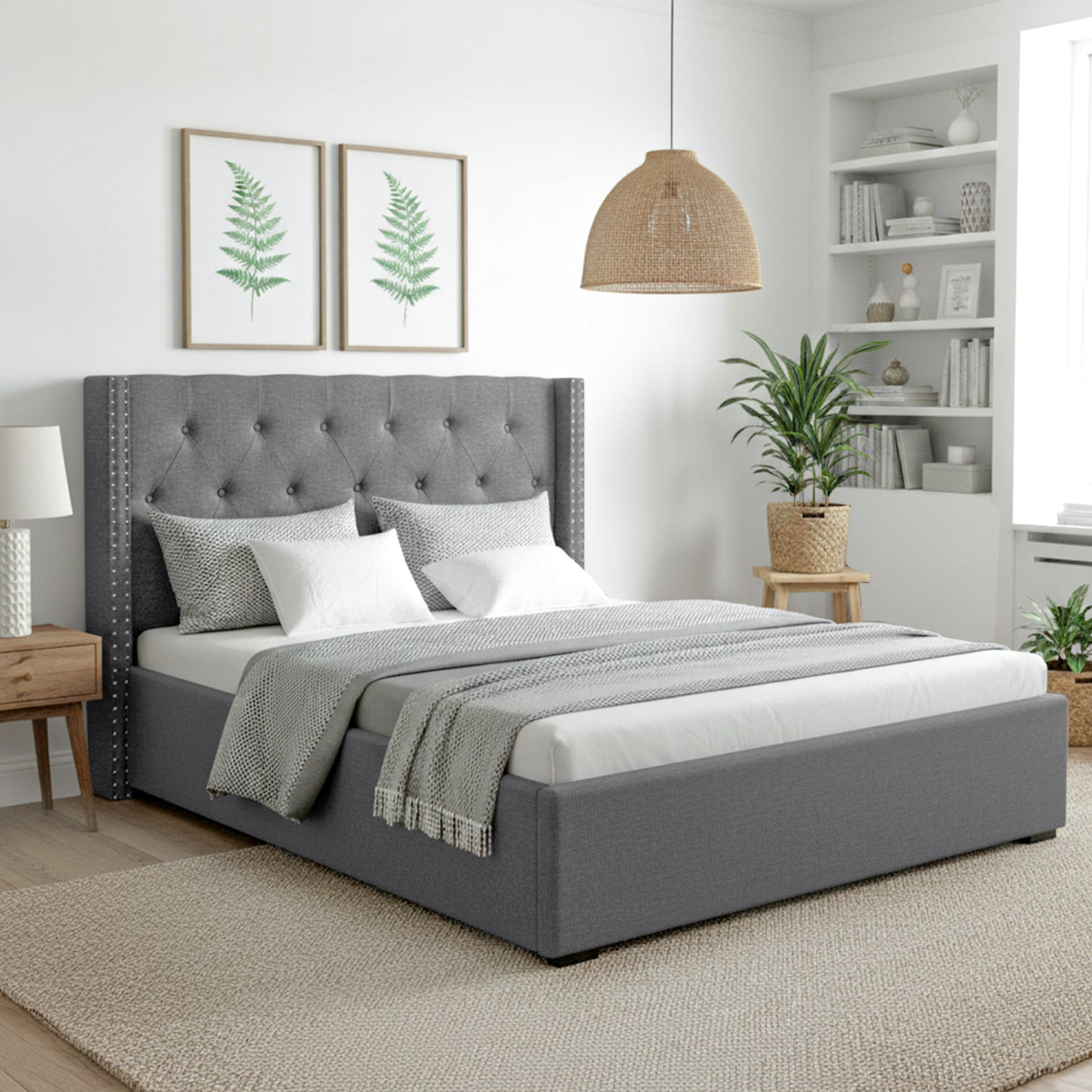 Queen Bed Frame Storage Tufted Headboard Gas Lift Base Grey