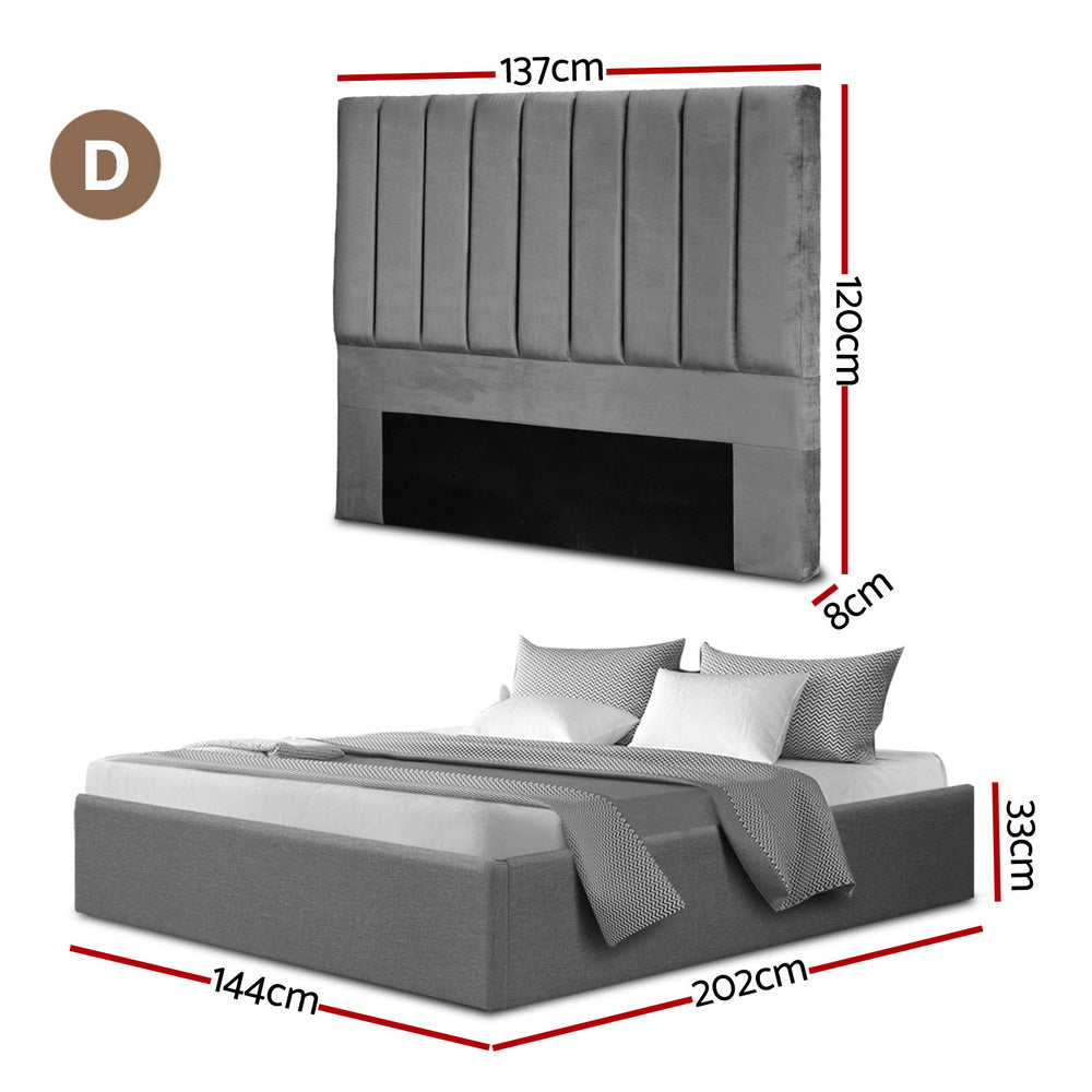 Double Bed Frame with Storage Grey Velvet Headboard Gas Lift Platform Base