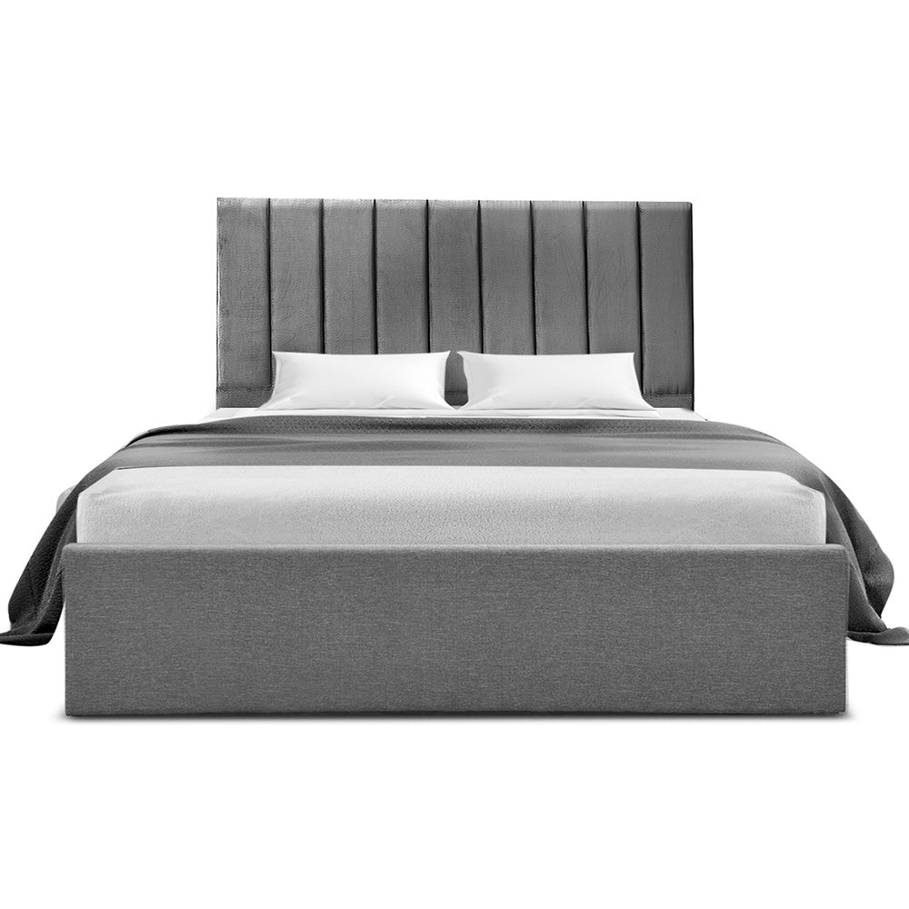 Double Bed Frame with Storage Grey Velvet Headboard Gas Lift Platform Base