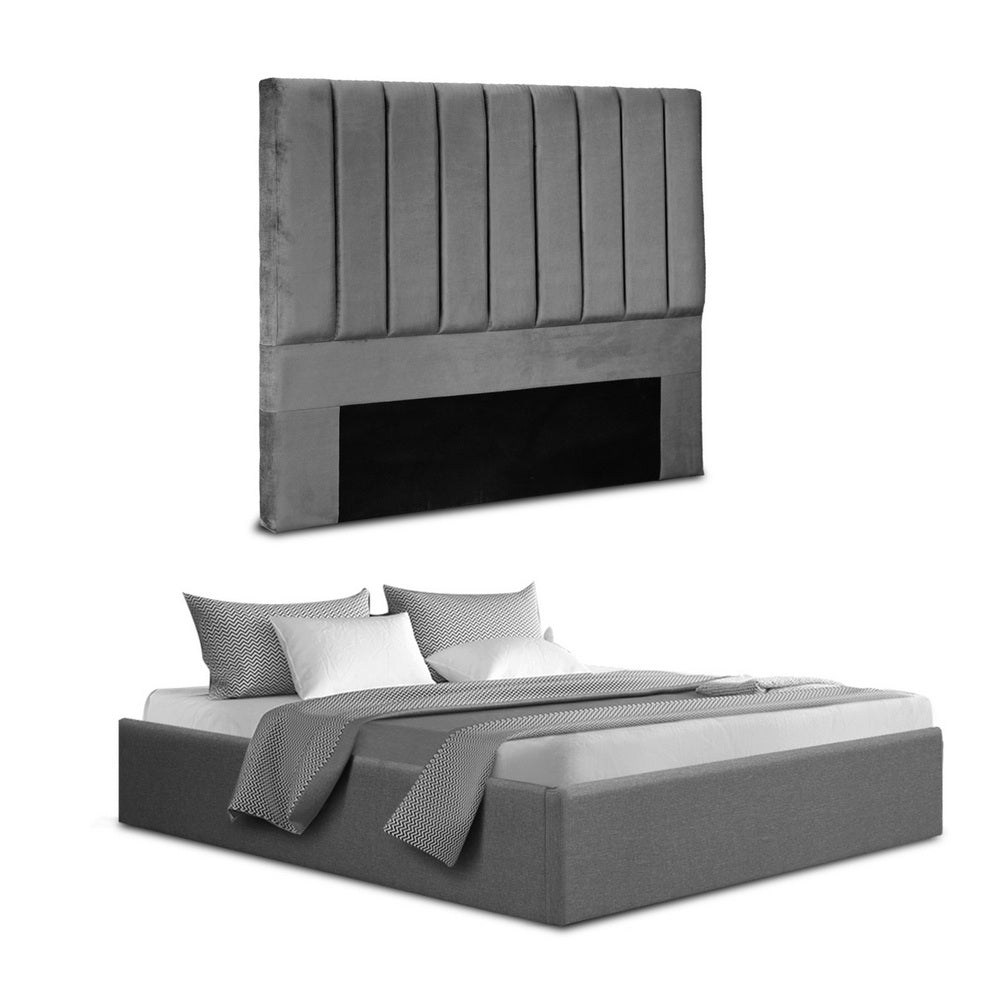 Double Bed Frame with Storage Grey Velvet Headboard Gas Lift Platform Base