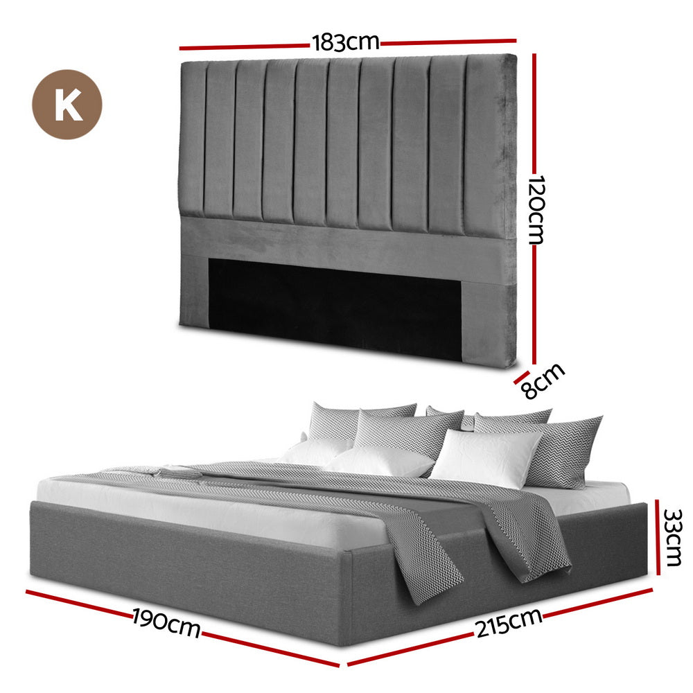 King Bed Frame with Storage Grey Velvet Headboard Gas Lift Platform Base