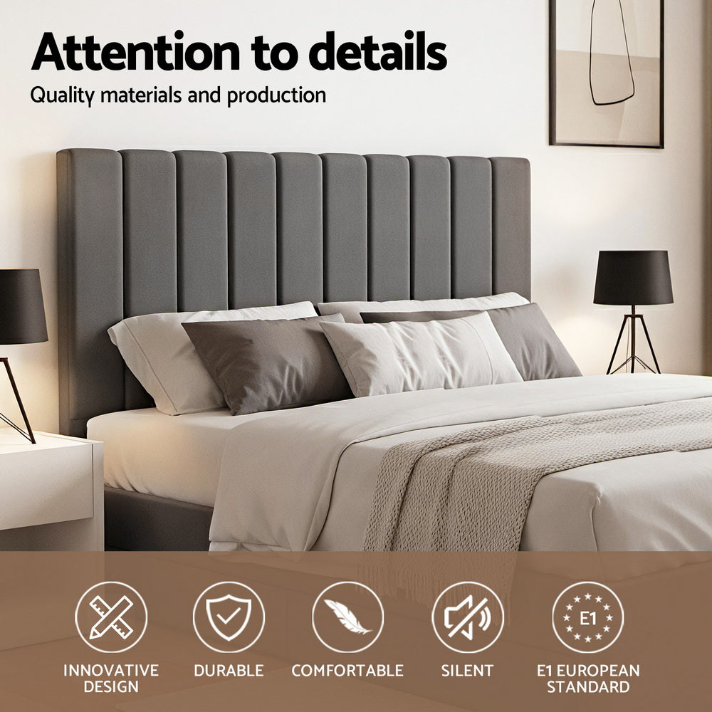 King Bed Frame with Storage Grey Velvet Headboard Gas Lift Platform Base