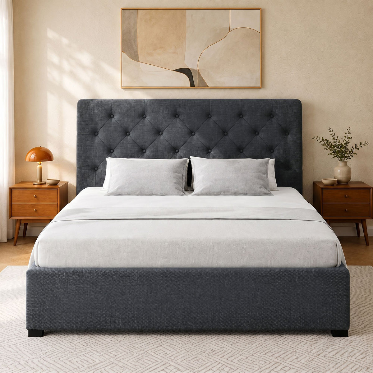 Double Gas Lift Bed Frame Storage Linen Upholstered Charcoal 202cm