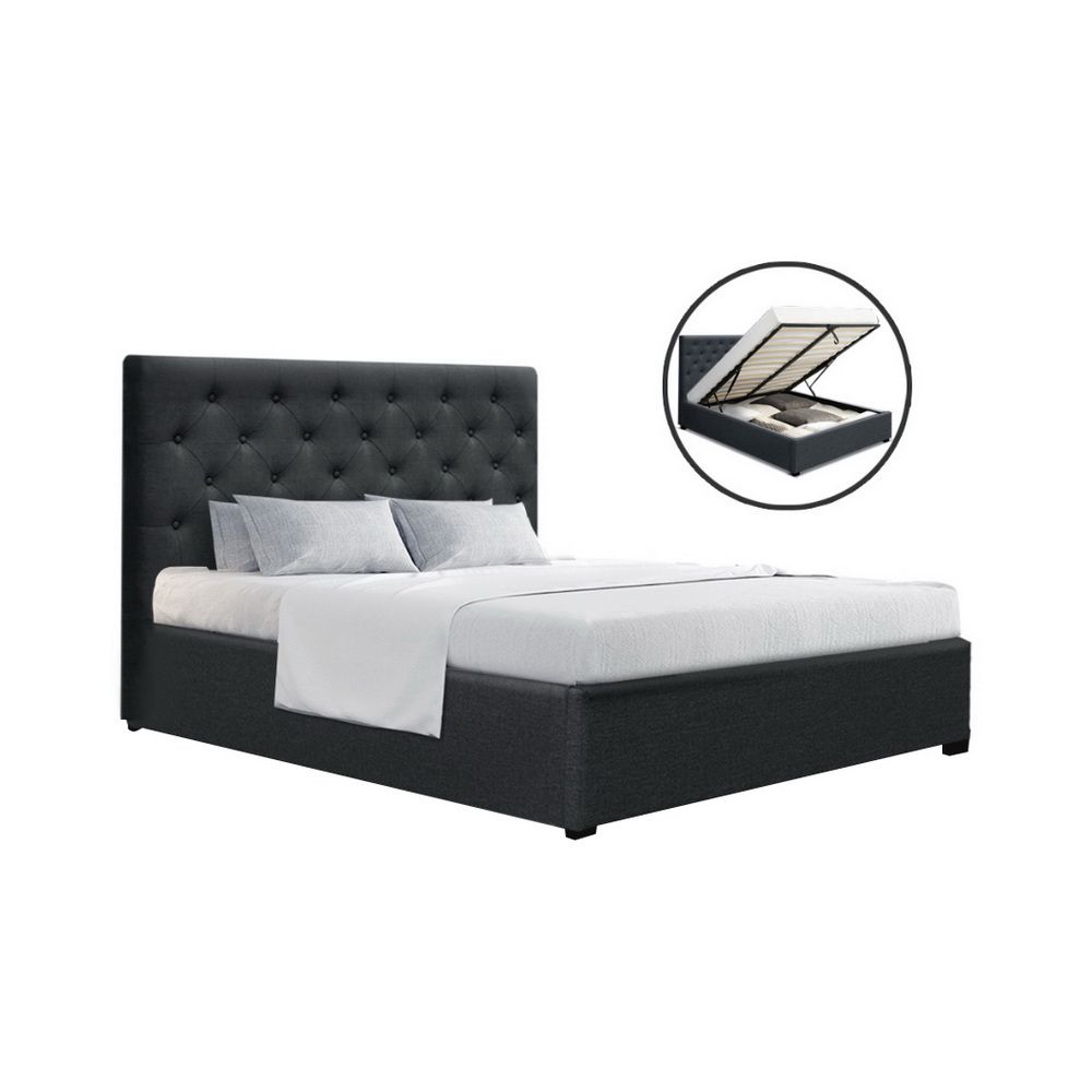 Double Gas Lift Bed Frame Storage Linen Upholstered Charcoal 202cm