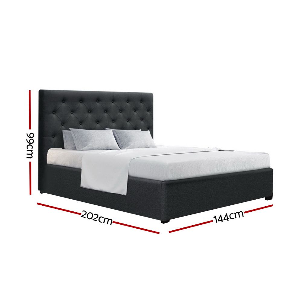 Double Gas Lift Bed Frame Storage Linen Upholstered Charcoal 202cm