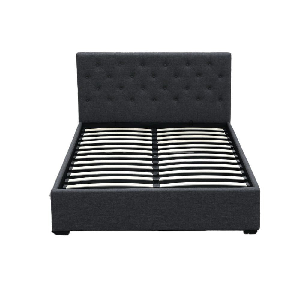 Double Gas Lift Bed Frame Storage Linen Upholstered Charcoal 202cm