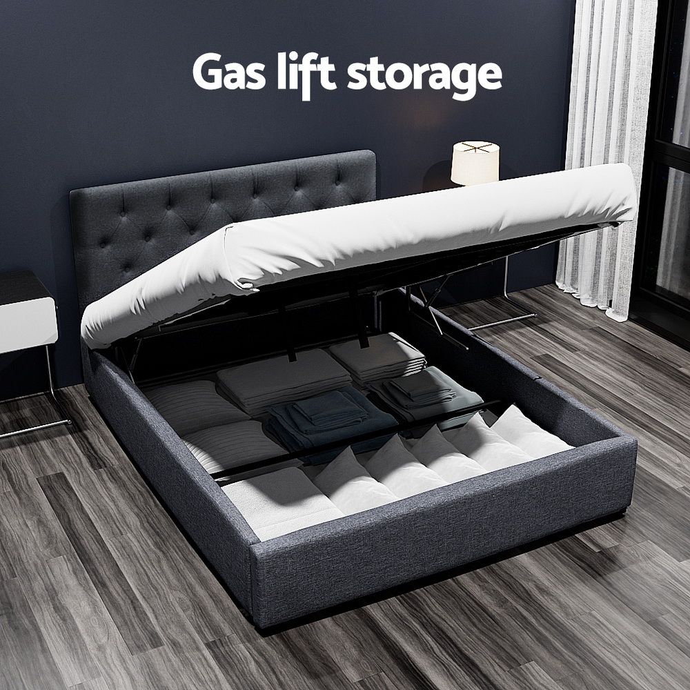 Double Gas Lift Bed Frame Storage Linen Upholstered Charcoal 202cm