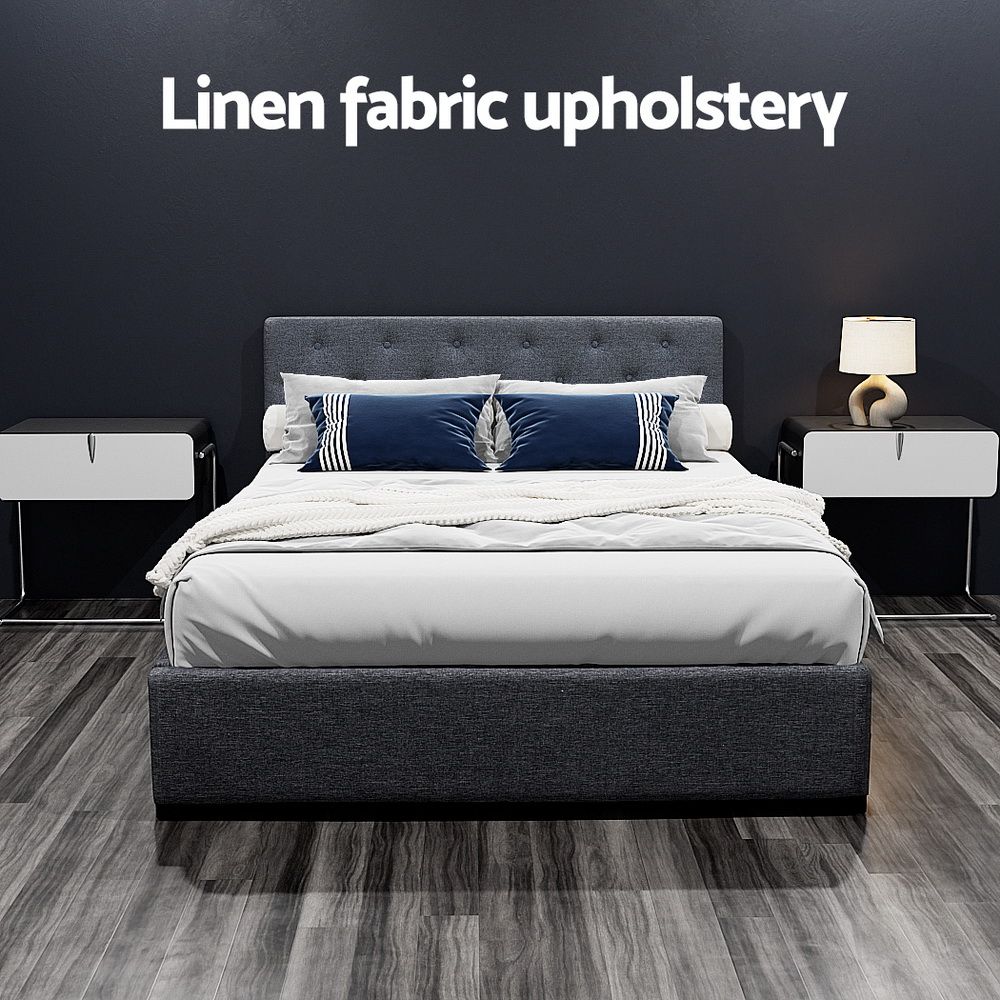 Double Gas Lift Bed Frame Storage Linen Upholstered Charcoal 202cm