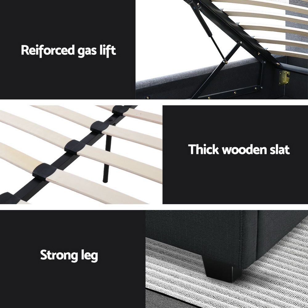 Double Gas Lift Bed Frame Storage Linen Upholstered Charcoal 202cm