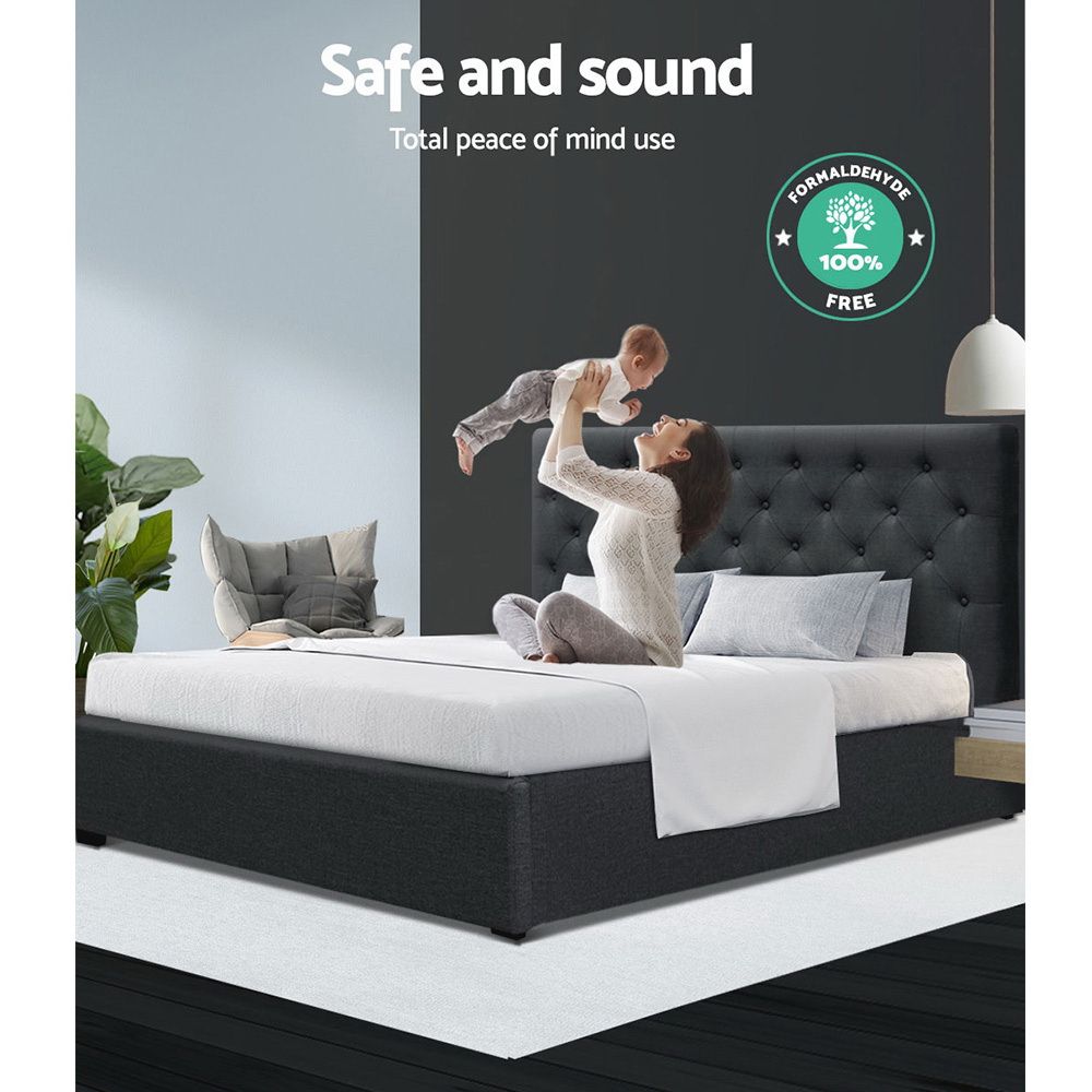 Double Gas Lift Bed Frame Storage Linen Upholstered Charcoal 202cm