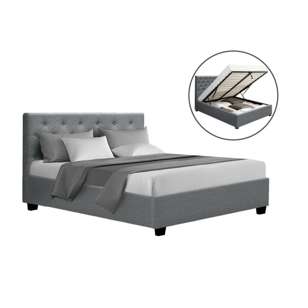 Double Gas Lift Bed Frame – Grey Linen, Tufted Headboard, Hidden Storage