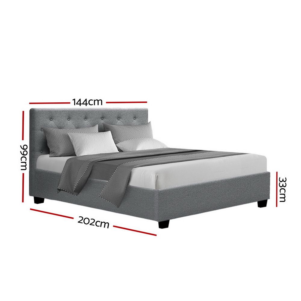 Double Gas Lift Bed Frame – Grey Linen, Tufted Headboard, Hidden Storage
