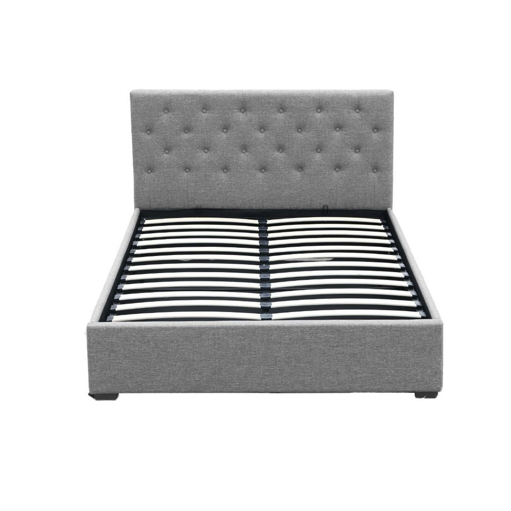 Double Gas Lift Bed Frame – Grey Linen, Tufted Headboard, Hidden Storage