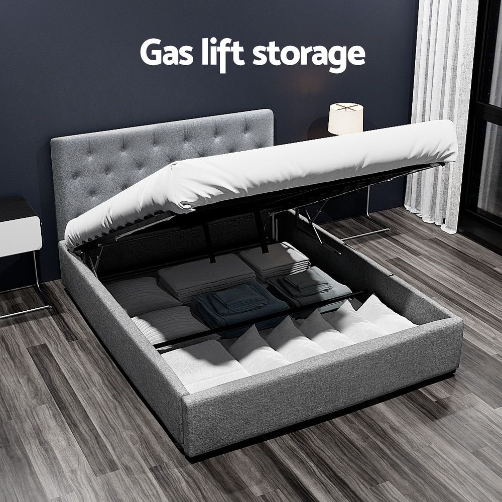 Double Gas Lift Bed Frame – Grey Linen, Tufted Headboard, Hidden Storage