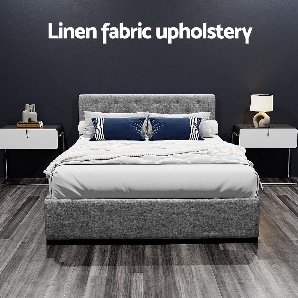 Double Gas Lift Bed Frame – Grey Linen, Tufted Headboard, Hidden Storage