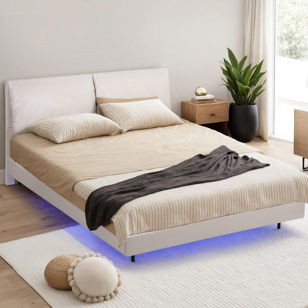 Double Bed Frame with RGB LED Lights, Floating Design, Adjustable Headboard