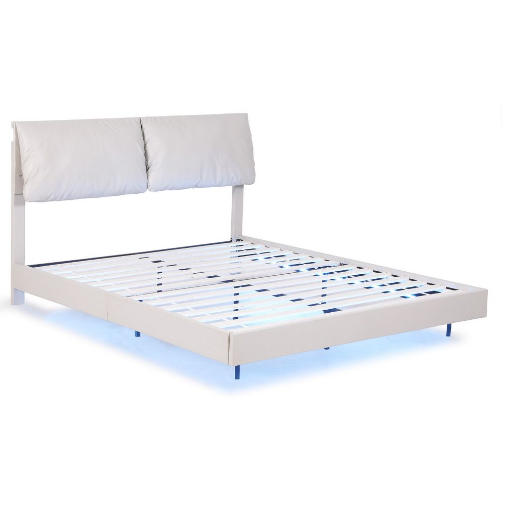 Double Bed Frame with RGB LED Lights, Floating Design, Adjustable Headboard