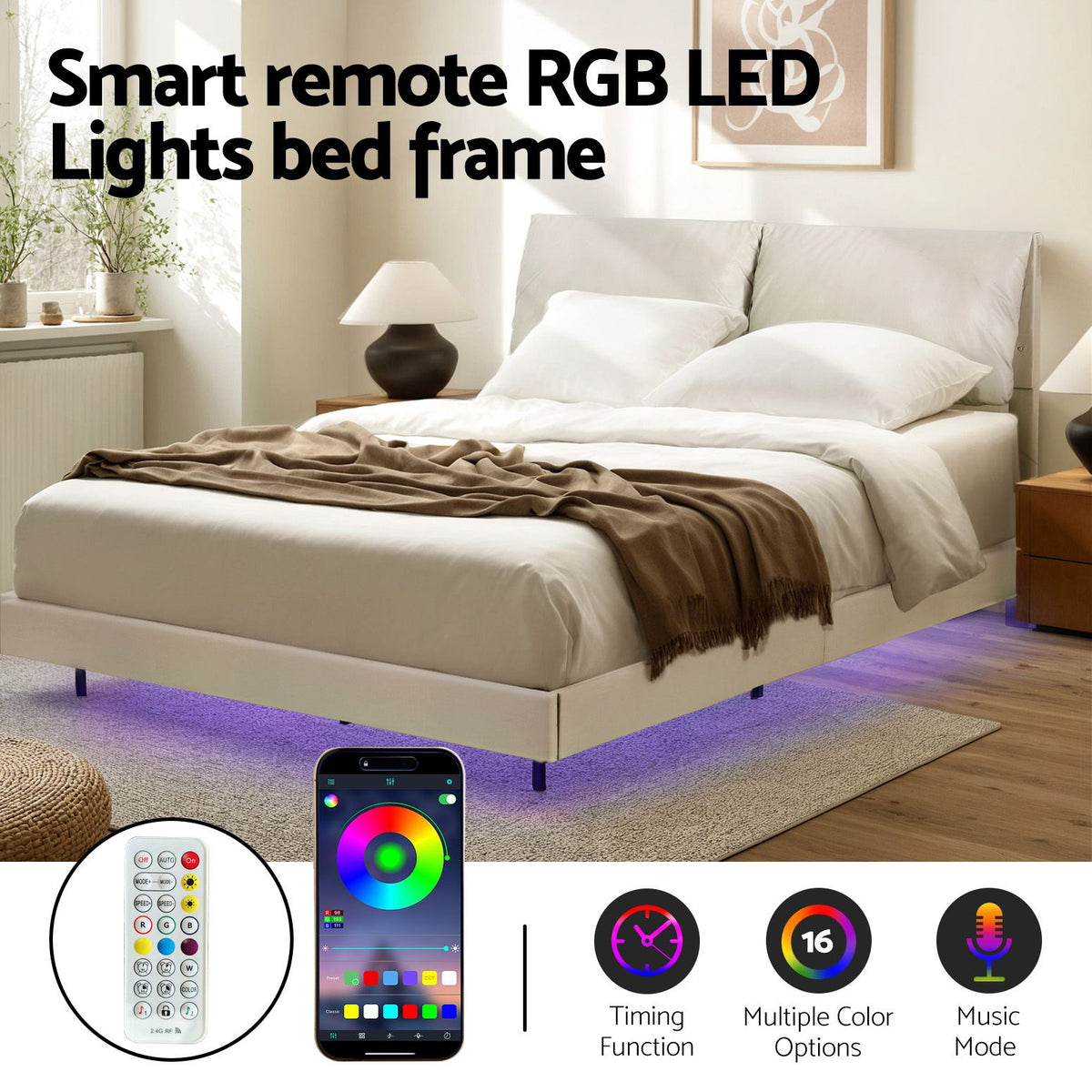 Double Bed Frame with RGB LED Lights, Floating Design, Adjustable Headboard