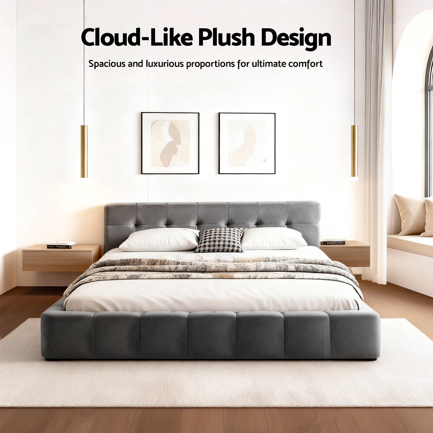 Double Size Bed Frame Plush Soft Headboard Velvet Platform Base for Modern Bedrooms Grey