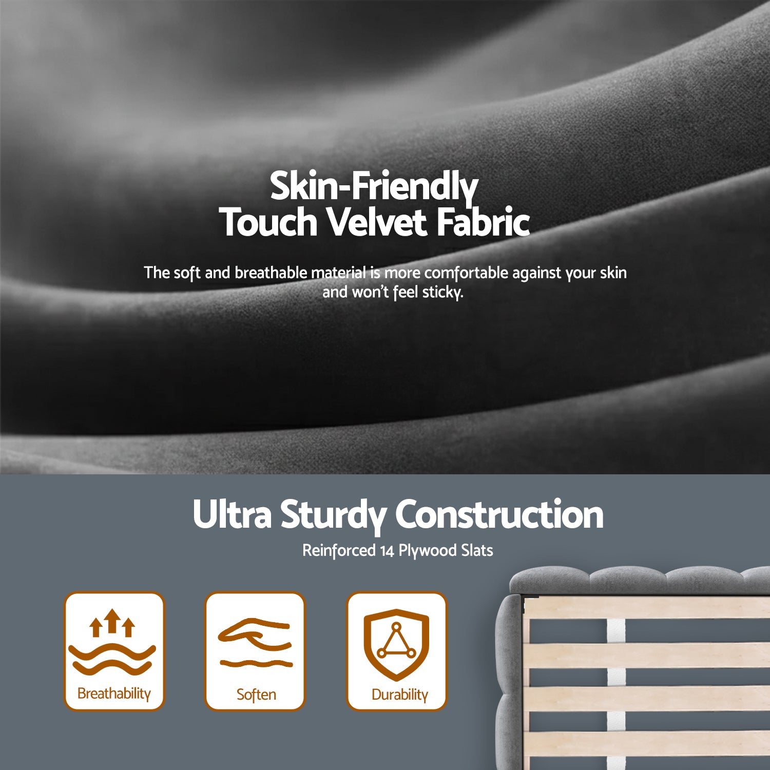 Double Size Bed Frame Plush Soft Headboard Velvet Platform Base for Modern Bedrooms Grey