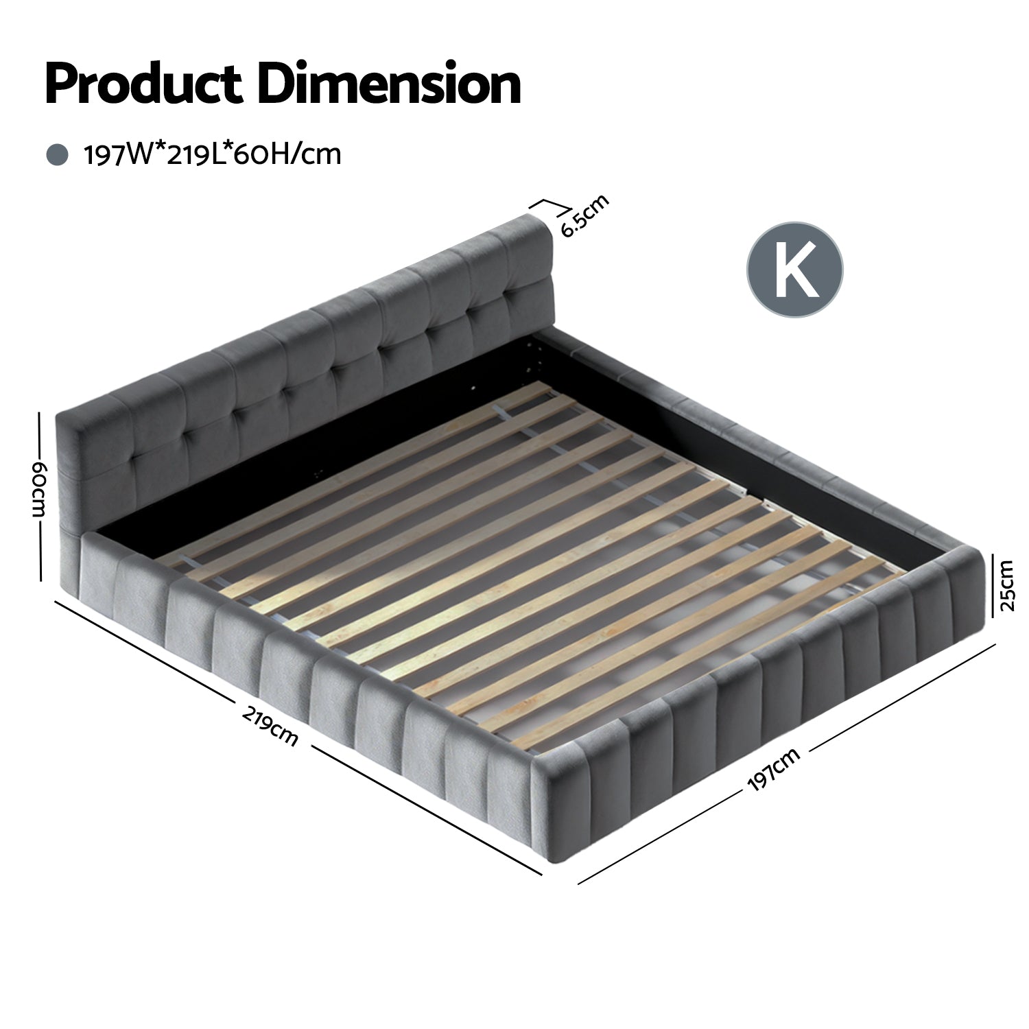 King Size Bed Frame Plush Soft Headboard Velvet Platform Base for Modern Bedrooms Grey